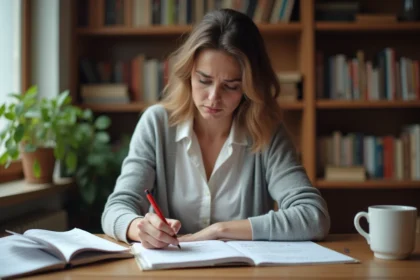 Femme corrigeant des erreurs de connecteurs logiques dans un texte avec un stylo rouge sur un bureau en bois