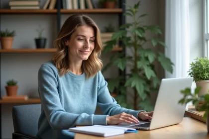 Femme concentrée suivant un cours Canva à domicile