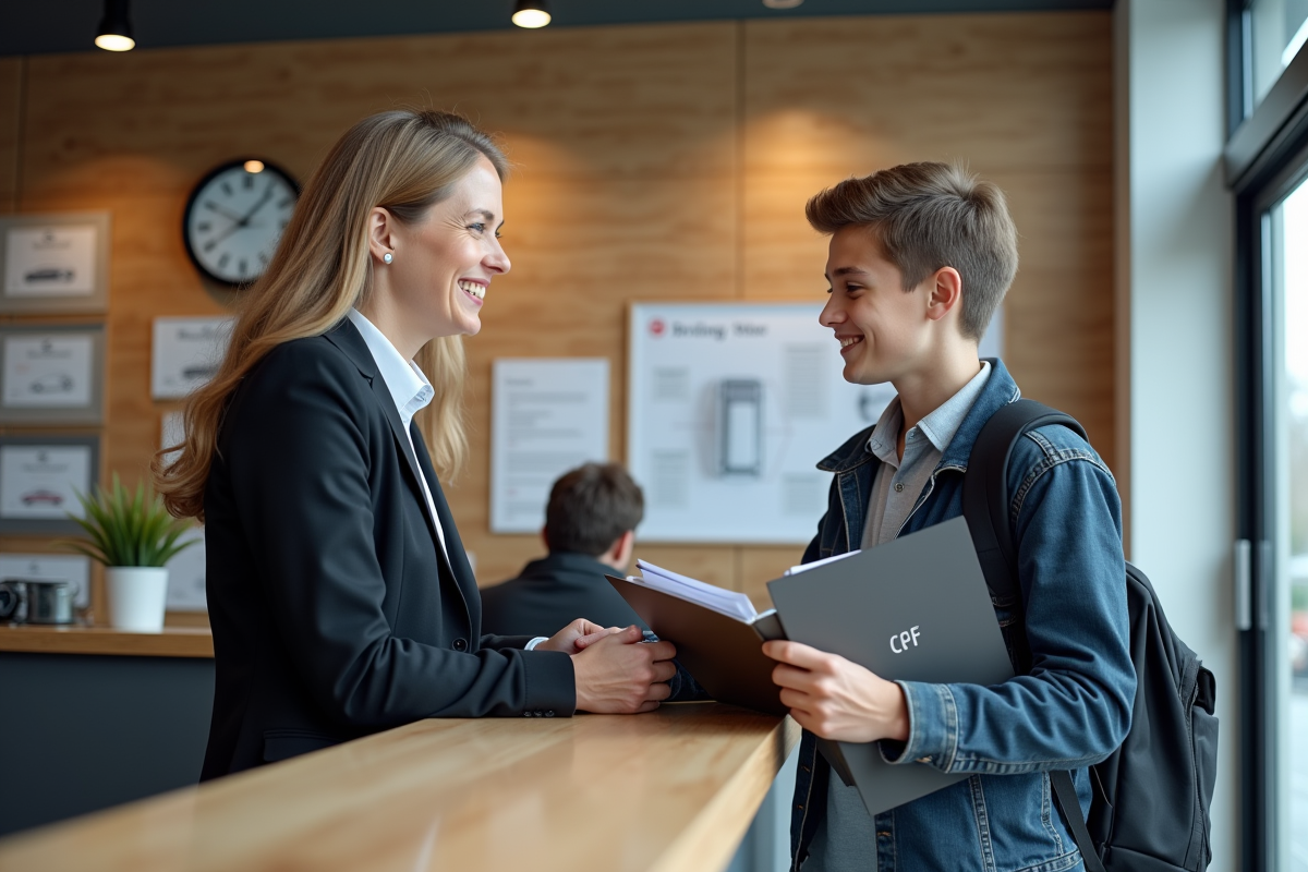 Femme confiante remettant un dossier CPF à un adolescent