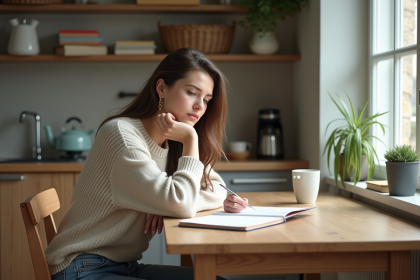 Jeune femme pensant en cuisine avec un carnet
