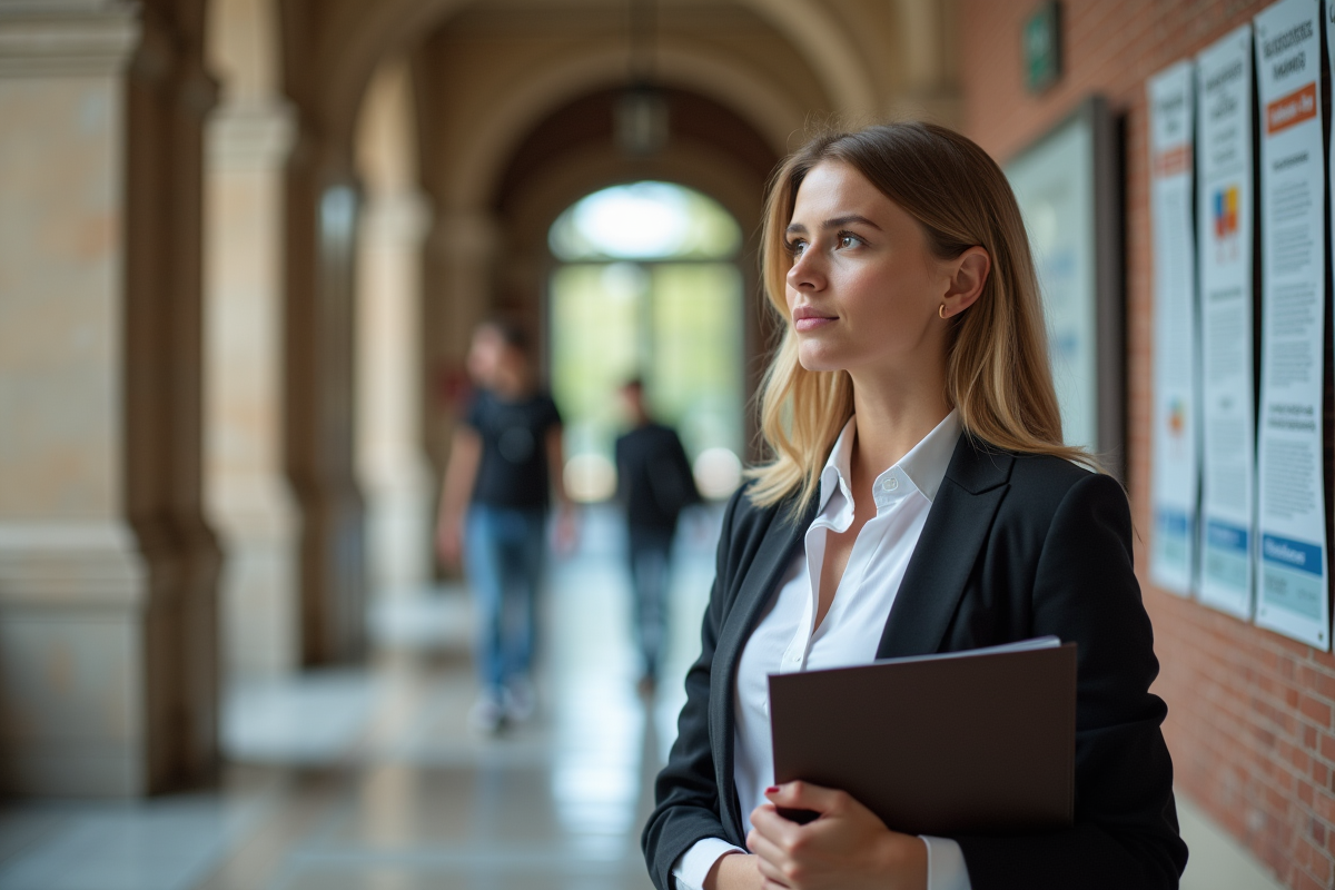Jeune femme en blouse et blazer regarde un panneau de diplômes en université