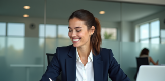 Femme professionnelle en bureau moderne en train de remplir des documents financiers