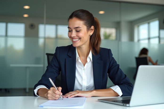 femme-finance-bureau Femme professionnelle en bureau moderne en train de remplir des documents financiers