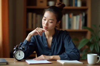 Femme consultant une horloge analogique pour comprendre la différence entre AM et PM en anglais