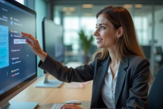 Femme utilisant la nouvelle interface numérique Afpa Metisse 2026 sur un poste de travail moderne dans un centre de formation