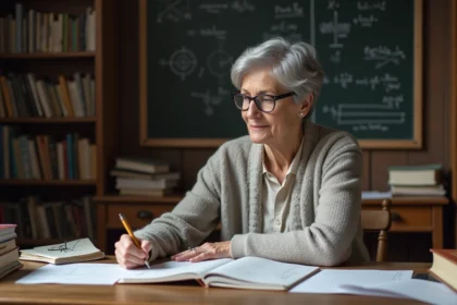 Femme âgée lisant des livres de mathématiques dans un bureau
