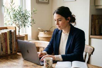 Femme concentrée tapant sur un ordinateur dans une cuisine provençale