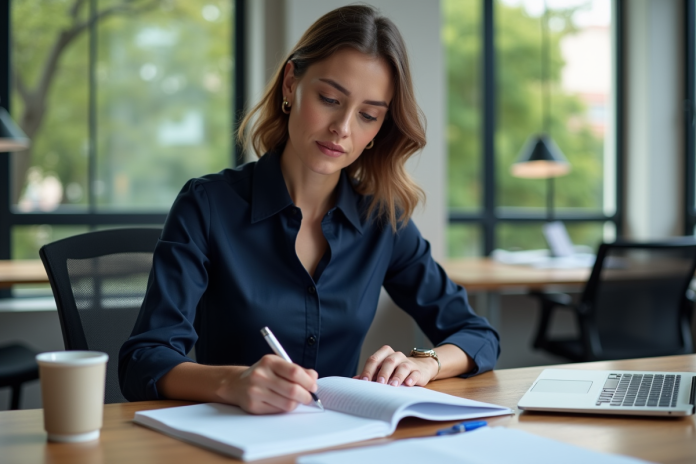 femme-organise-semaine Jeune femme professionnelle planifiant sa semaine au bureau