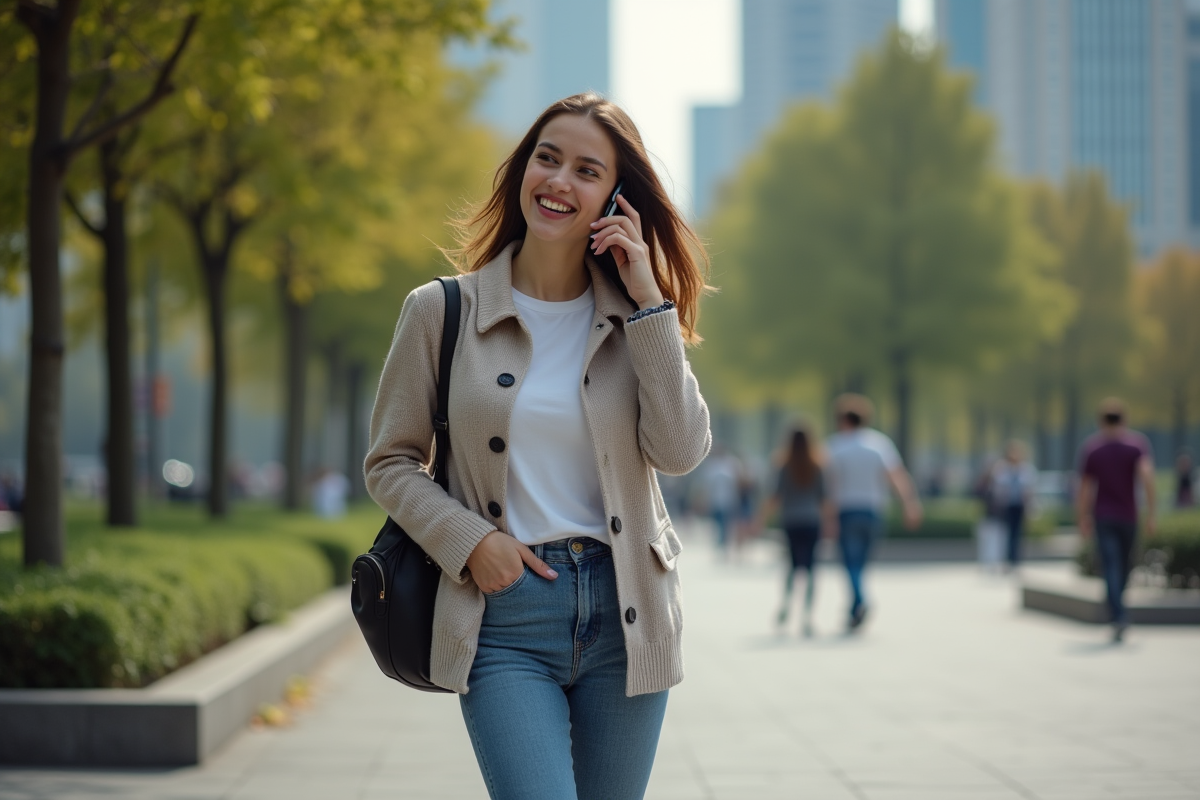 Jeune femme parlant au téléphone dans un parc urbain