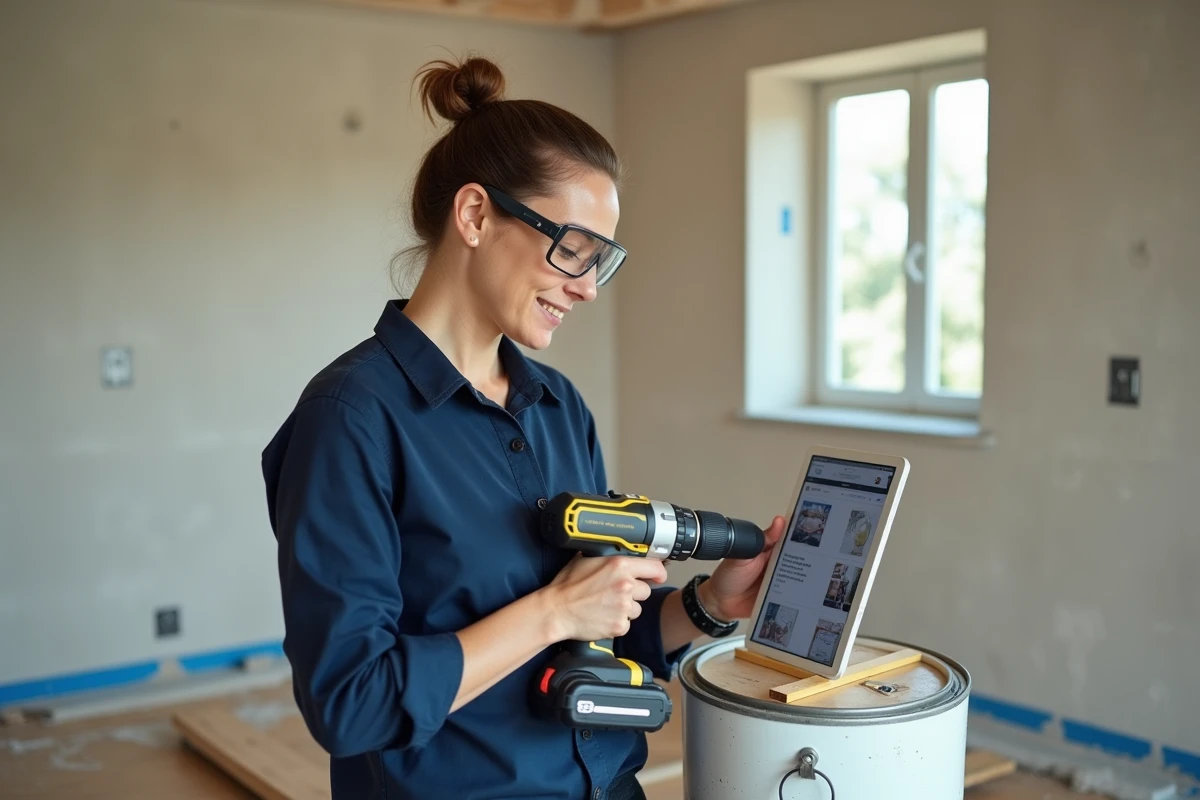 Femme utilisant une perceuse sans fil en suivant un cours de bricolage en ligne sur tablette dans une pièce en rénovation