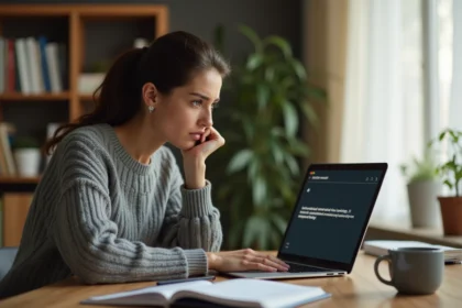 Femme frustrée devant un ordinateur portable affichant une erreur de portail ENT scolaire non disponible