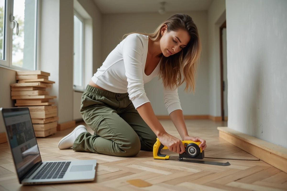 Femme installant une plinthe en bois en suivant un tutoriel bricolage sur ordinateur portable