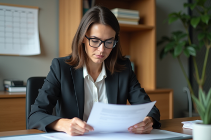 Femme professionnelle en bureau moderne avec documents