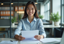 Femme professionnelle au bureau en train de revoir des documents