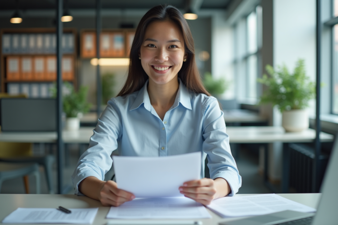 femme-professionnelle-bureau Femme professionnelle au bureau en train de revoir des documents