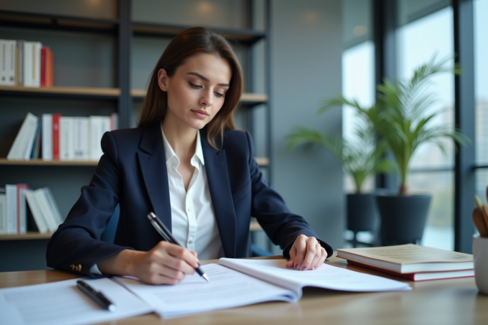 Jeune femme en costume de finance dans un bureau moderne