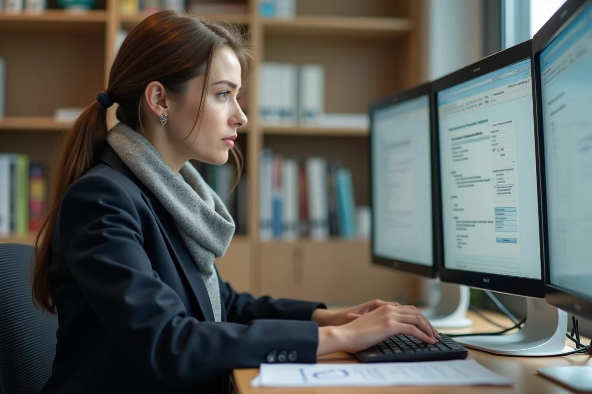 Femme en blazer travaillant sur son ordinateur dans un bureau lumineux