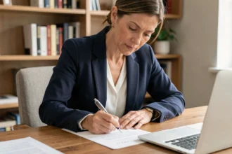 Femme en reconversion professionnelle écrivant la conclusion de sa lettre de motivation à son bureau à domicile