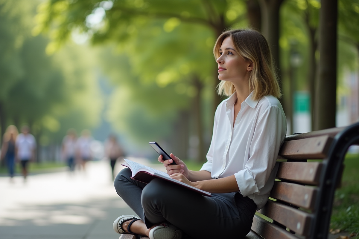 Femme assise sur un banc de parc regardant au loin avec un carnet