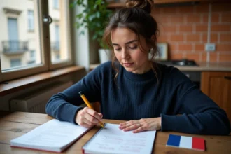Femme révisant les questions de naturalisation française avec des fiches de révision sur une table de cuisine