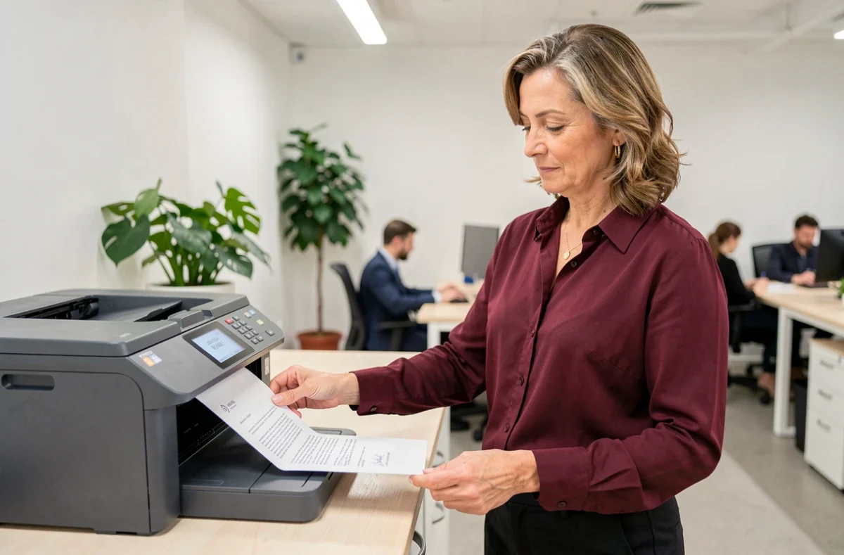 Femme senior en reconversion professionnelle imprimant sa lettre de motivation dans un espace de co-working moderne