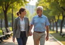Femme d'âge moyen soutenant un homme âgé dans un parc ensoleille