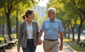 Différence entre accompagnant et accompagnateur : le point en français Femme d'âge moyen soutenant un homme âgé dans un parc ensoleille