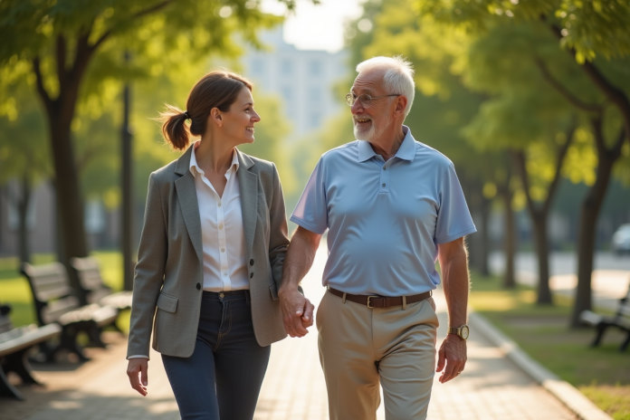 femme-soutien-elderly-parc Femme d'âge moyen soutenant un homme âgé dans un parc ensoleille