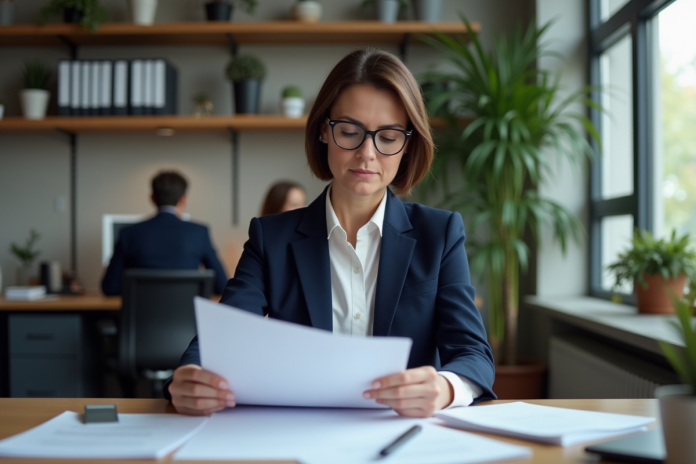 Femme d'âge moyen en bureau avec documents et ambiance moderne