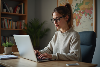 Jeune femme concentrée sur son ordinateur dans un bureau à domicile