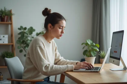 Femme concentrée travaillant sur son ordinateur à domicile