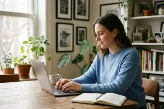Jeune femme travaillant sur son ordinateur dans un intérieur cosy