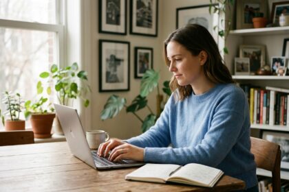 Jeune femme travaillant sur son ordinateur dans un intérieur cosy