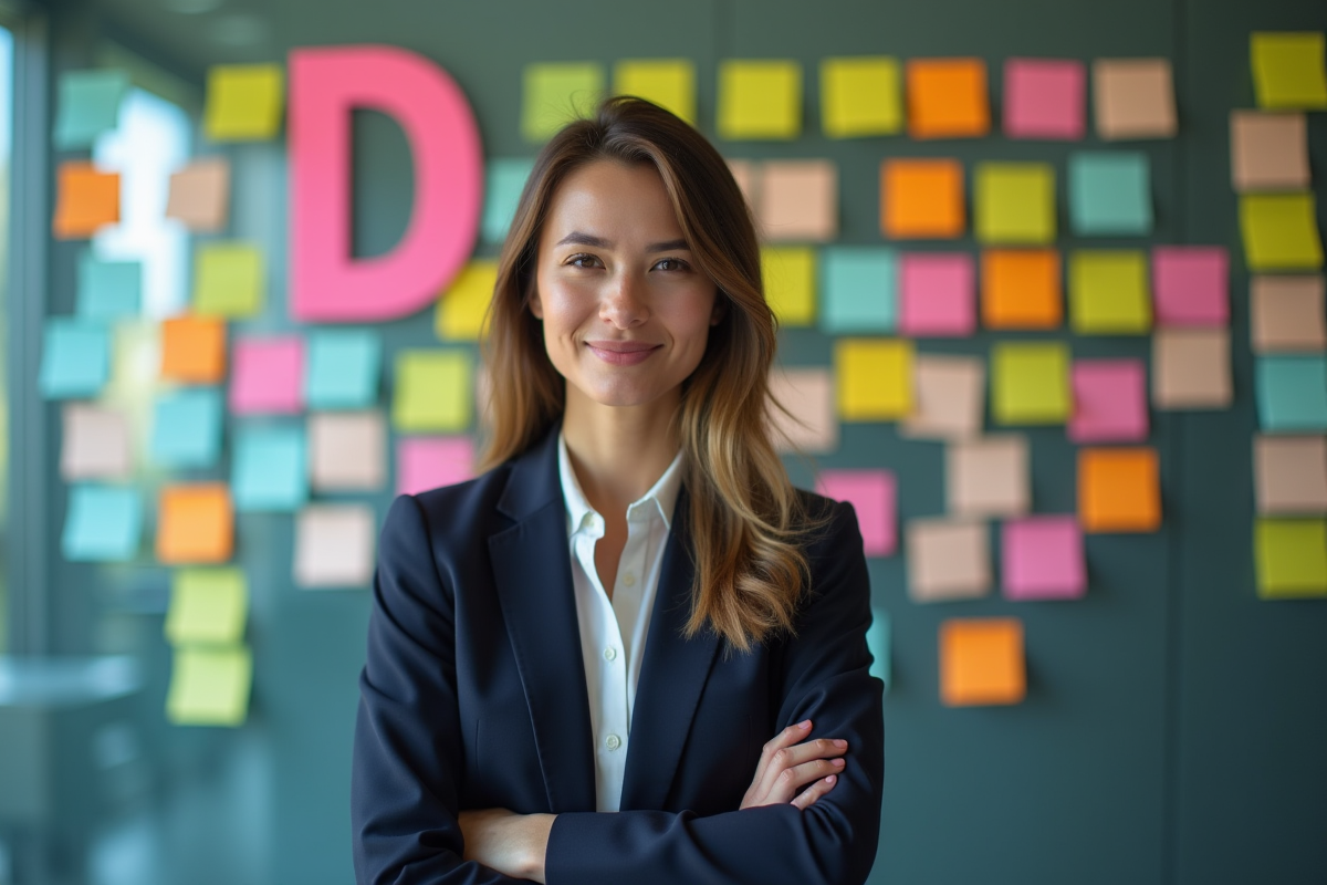 Femme confiante devant un mur de notes colorées en forme de D
