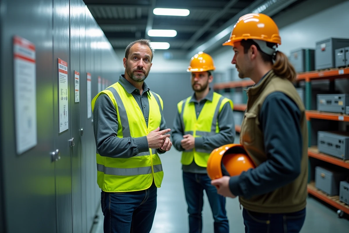 Formateur expliquant les procédures d'habilitation électrique Habilec à des stagiaires devant un tableau basse tension