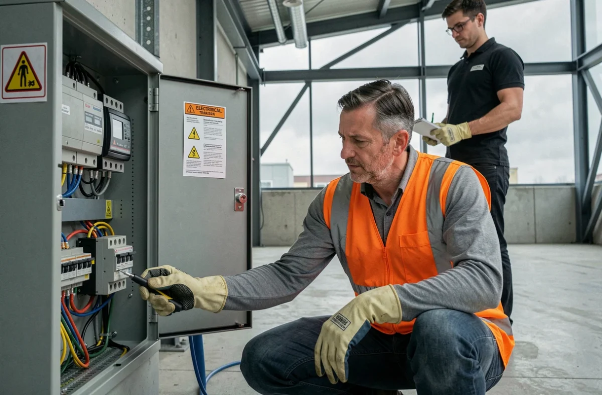 Formateur en sécurité électrique montrant l'identification des câbles sur un tableau basse tension à un stagiaire équipé de gants isolants