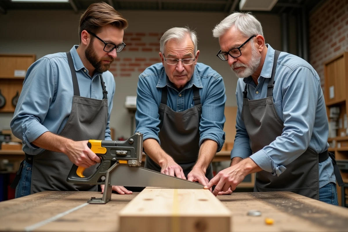 Groupe d'adultes en formation bricolage observant une démonstration de découpe au sein d'un atelier pédagogique
