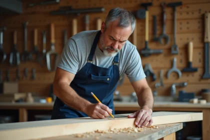 Homme en tablier de bricolage mesurant une planche en bois sur un établi dans un atelier organisé