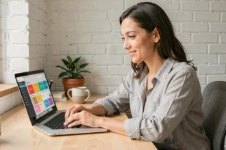 Freelance femme en train de suivre une formation Canva sur son ordinateur portable dans un bureau à domicile moderne