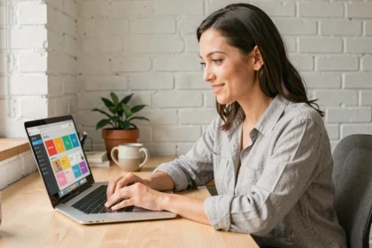 Freelance femme en train de suivre une formation Canva sur son ordinateur portable dans un bureau à domicile moderne