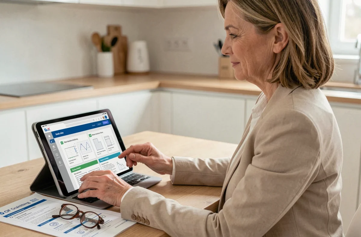 Femme consultante freelance étudiant une formation Canva éligible CPF sur tablette à domicile