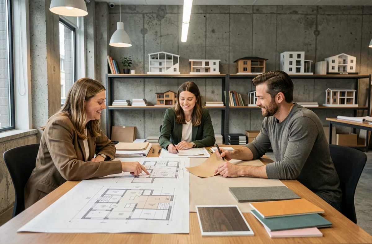 Étudiants en formation classique d'architecture intérieure autour d'une table avec plans et échantillons de matériaux