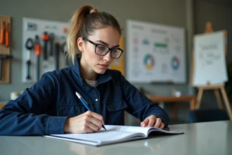 Femme en formation habilitation électrique Habilec révisant un manuel de sécurité dans un atelier pédagogique