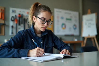 Femme en formation habilitation électrique Habilec révisant un manuel de sécurité dans un atelier pédagogique