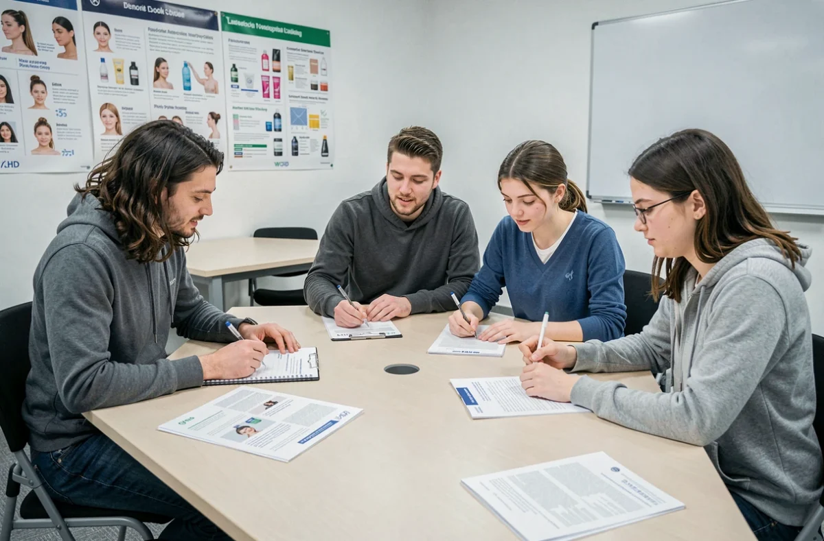Étudiants adultes en formation parapharmacie prenant des notes dans une salle de cours professionnelle