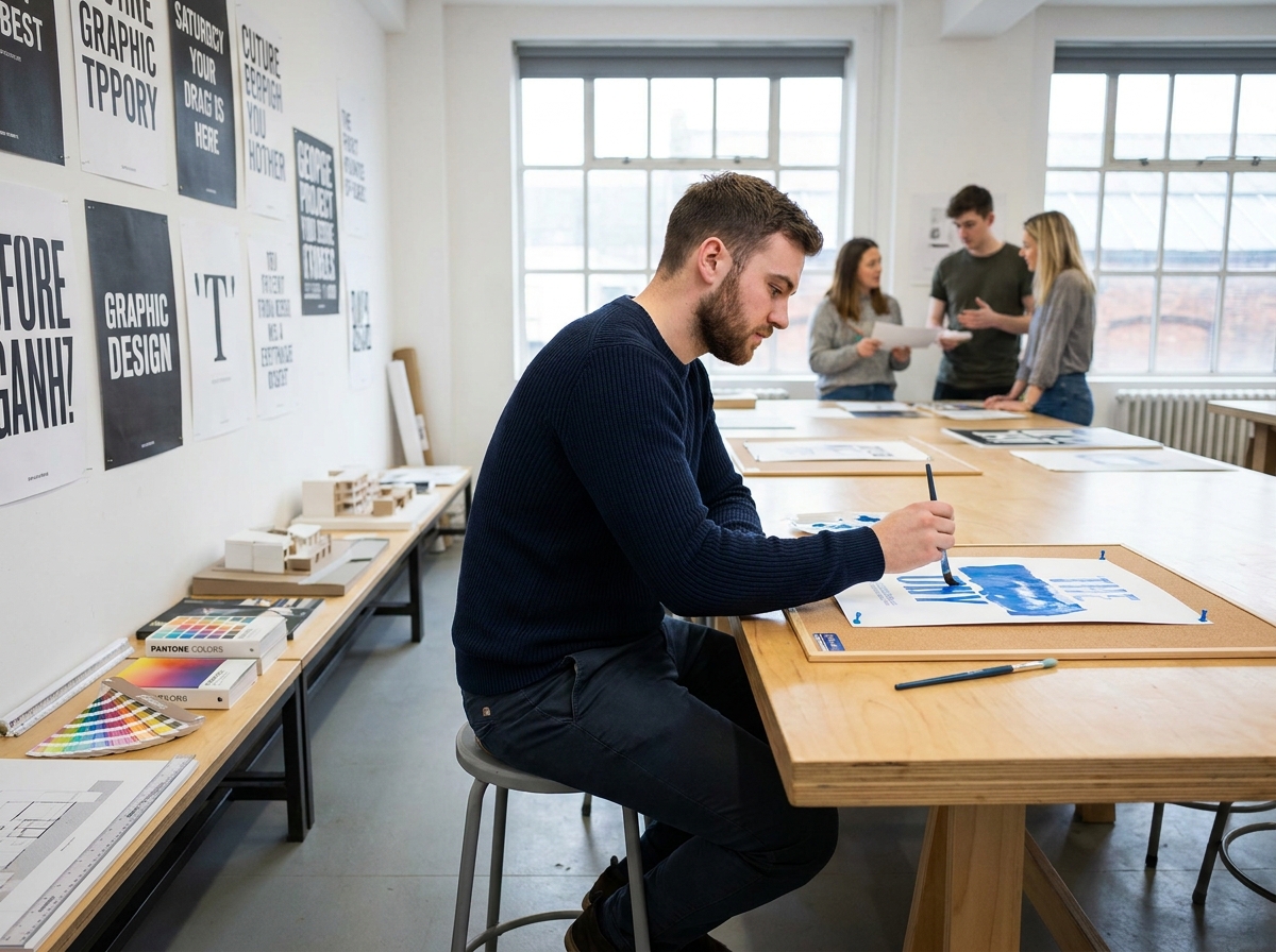 Jeune homme en formation post-bac arts appliqués appliquant de la gouache sur un projet de design graphique