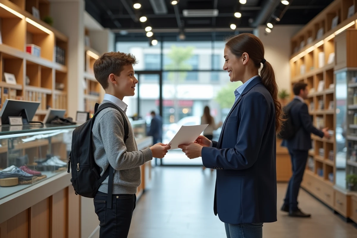Garçon de 15 ans présentant une lettre à un gestionnaire en magasin