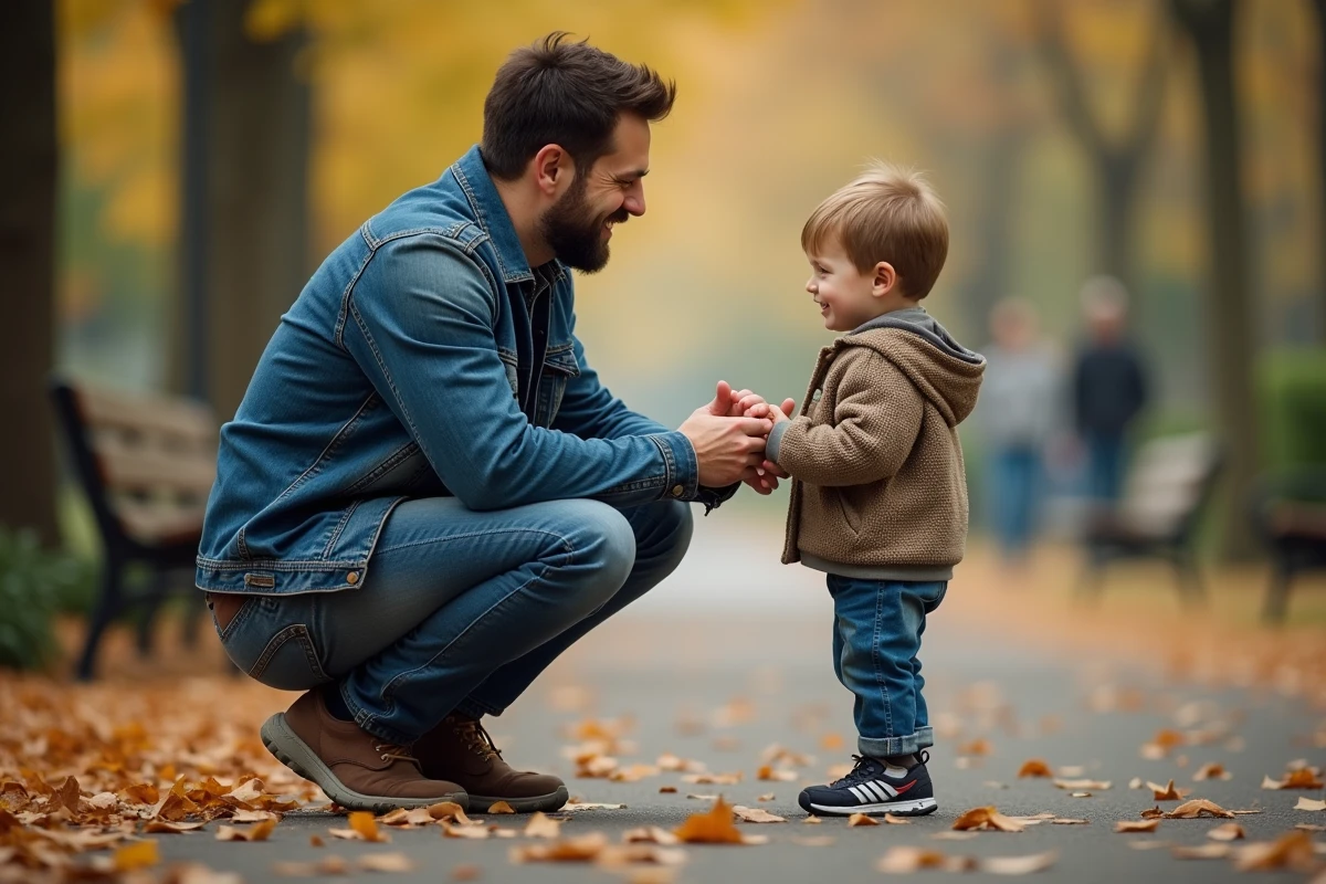 Père et fils dans un parc lors d'un moment de garde partagée après la séparation des parents