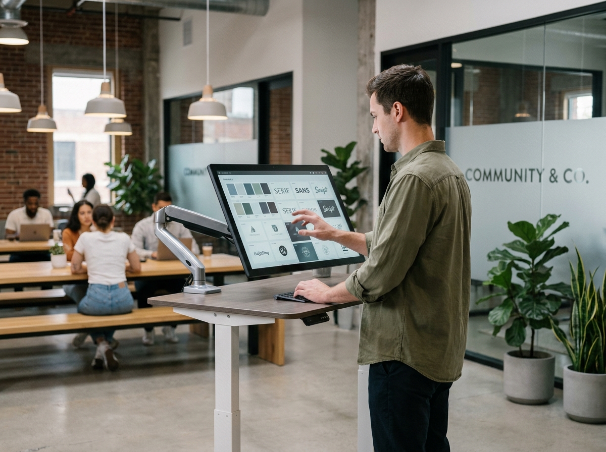 Graphiste homme interagissant avec écran tactile dans un espace de coworking créatif illustrant l'évolution numérique des métiers du design