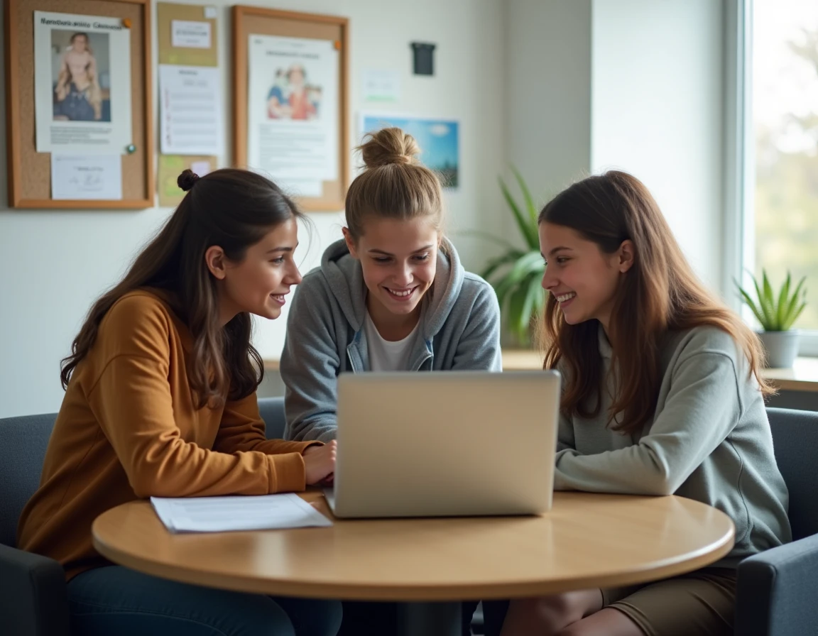 Groupe d'adolescents explorant des métiers en ligne lors d'une séance d'orientation scolaire